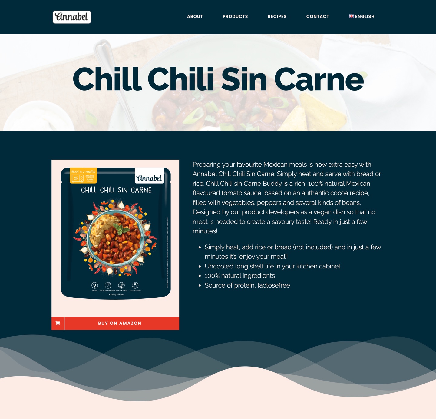 Herstelde Annabel-receptpagina van HAK “Chill Chili Sin Carne”, met de productverpakking, omschrijving, een rode “Buy on Amazon”-knop en de taalkiezer op Engels.